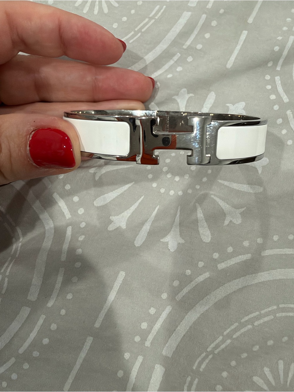 Hermes Inspired White Enamel Clic H Bracelet with Silver Hardware